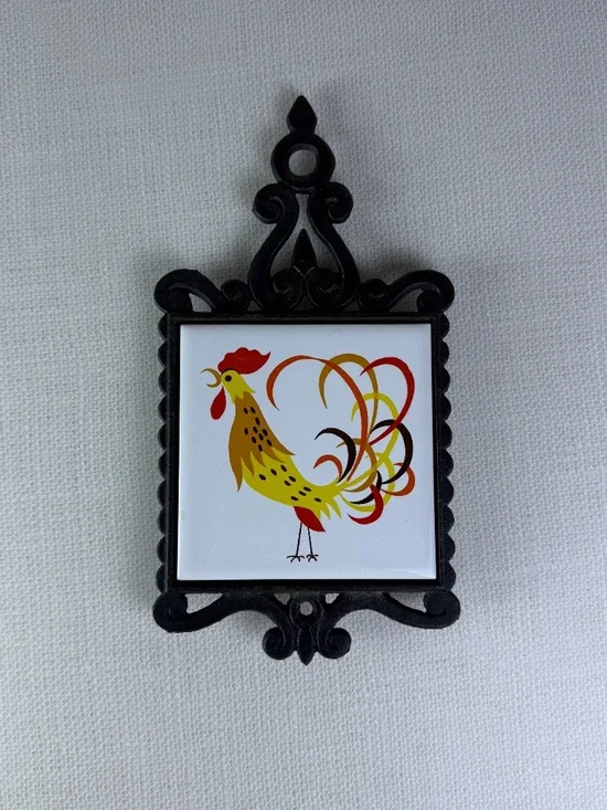 Vintage Cherry Japan Cast Iron Trivet – Rooster Ceramic Tile | Wall Hanging - Picture 2 of 9